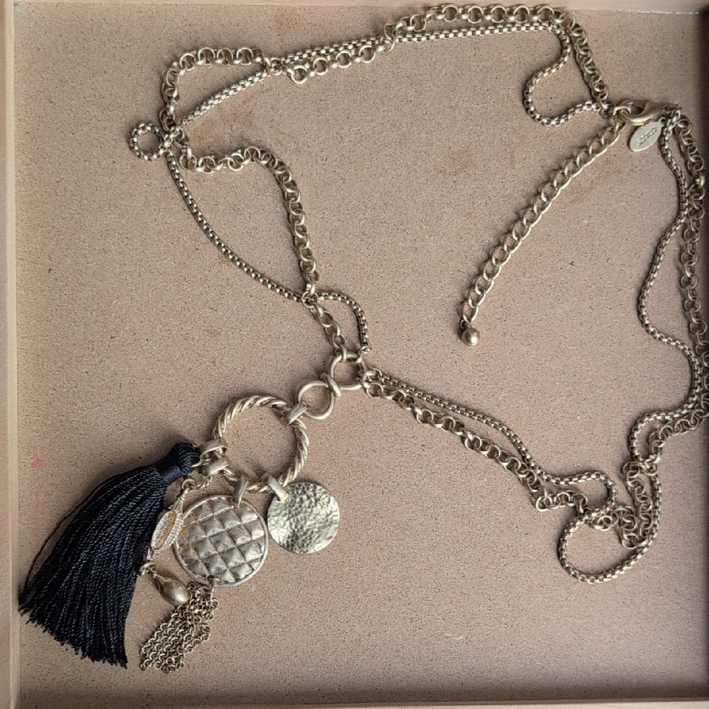 Chico's Gold-Tone Layered Necklace with Black Tassel